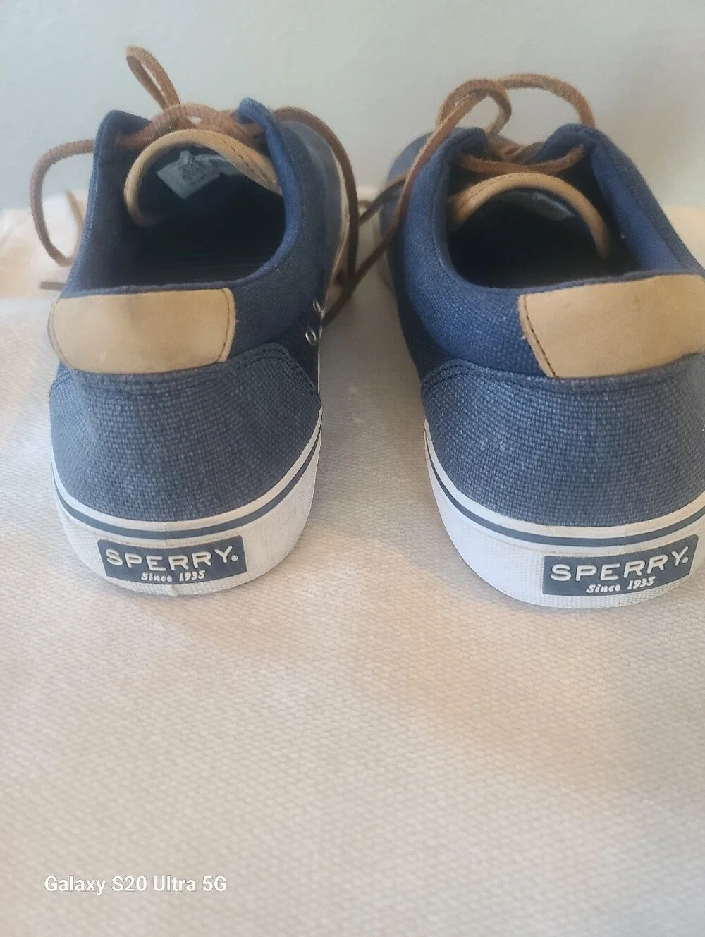Sperry Navy Canvas Boat Shoes with Tan Laces Size 11